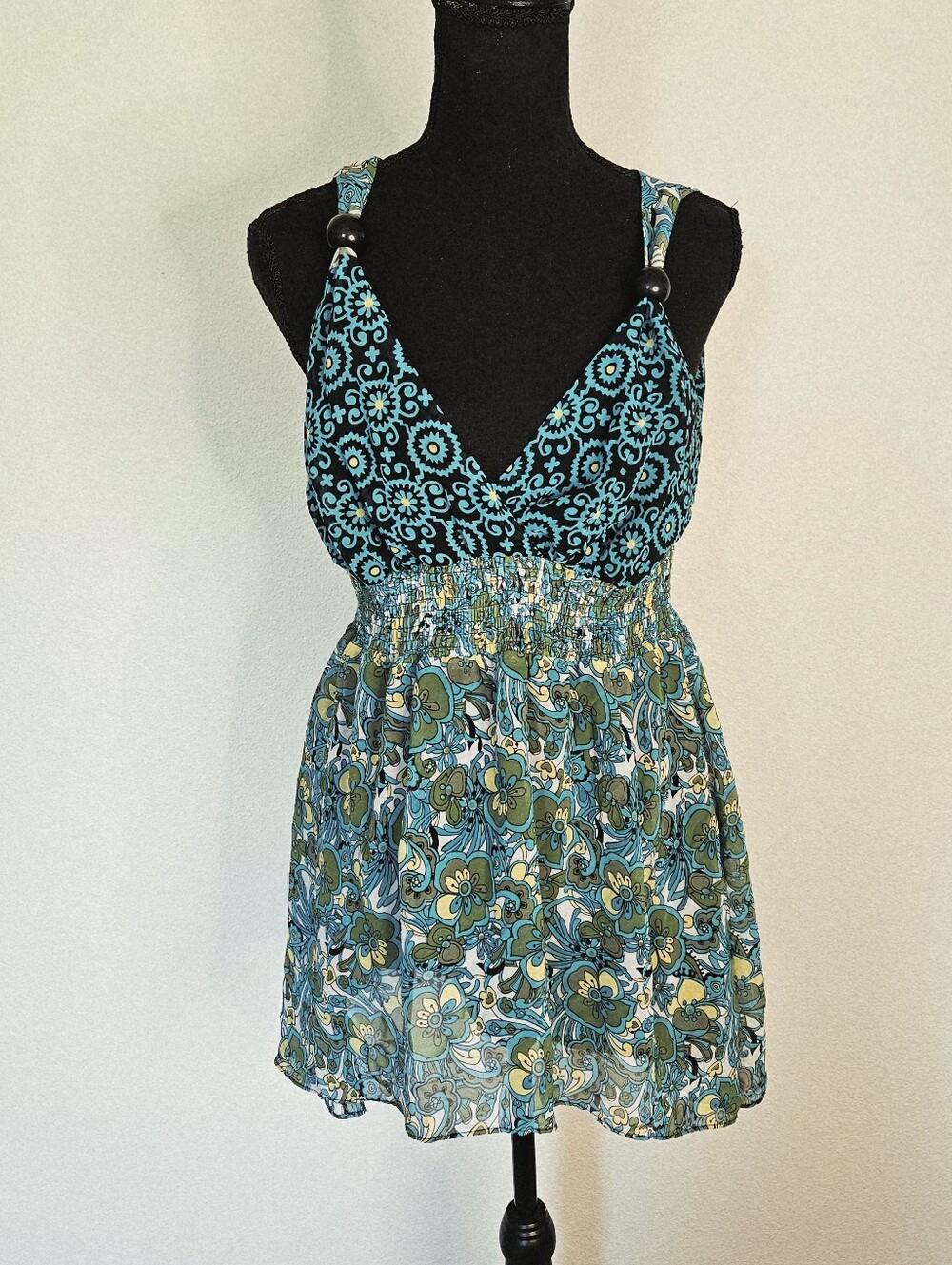 Bisou Bisou Maternity Babydoll Tunic Top Y2K Crossover Bodice Shirred Hi Waist M